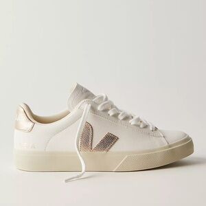 NEW Veja Campo Chromefree Leather Nacre Rose Gold Accent Sneakers